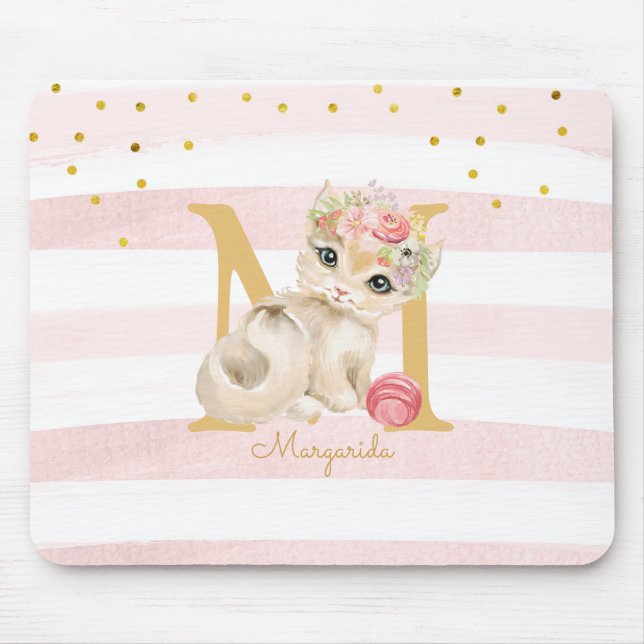 Niedliche Katze Illustration Weiß rosa Streifen Ki Mousepad (Vorne)