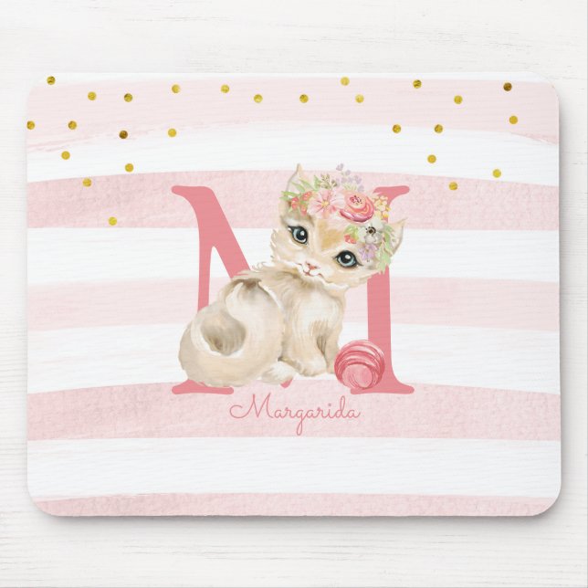 Niedliche Katze Illustration Weiß rosa Streifen Ki Mousepad (Vorne)