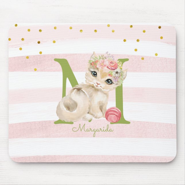 Niedliche Katze Illustration Weiß rosa Streifen Ki Mousepad (Vorne)