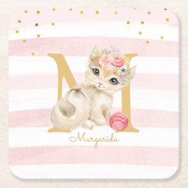 Niedliche Katze Illustration Weiß rosa Streifen Mä Rechteckiger Pappuntersetzer