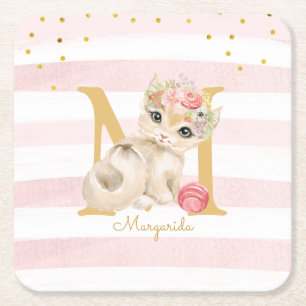 Niedliche Katze Illustration Weiß rosa Streifen Mä Rechteckiger Pappuntersetzer