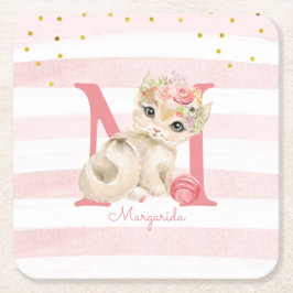 Niedliche Katze Illustration Weiß rosa Streifen Mä Rechteckiger Pappuntersetzer