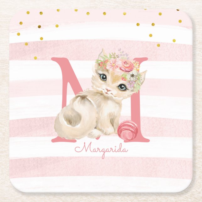 Niedliche Katze Illustration Weiß rosa Streifen Mä Rechteckiger Pappuntersetzer (Vorderseite)