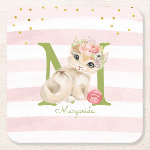 Niedliche Katze Illustration Weiß rosa Streifen Mä Rechteckiger Pappuntersetzer