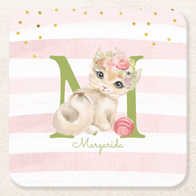 Niedliche Katze Illustration Weiß rosa Streifen Mä Rechteckiger Pappuntersetzer (Vorderseite)