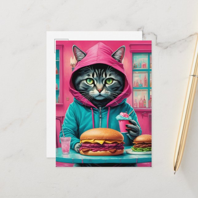 Niedliche Katze im Abendessen mit einem Käsermeist Postkarte (Vorderseite/Rückseite Beispiel)