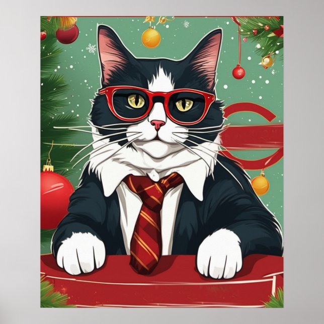 Niedliche Katze im Anzug Weihnachten Poster (Vorne)