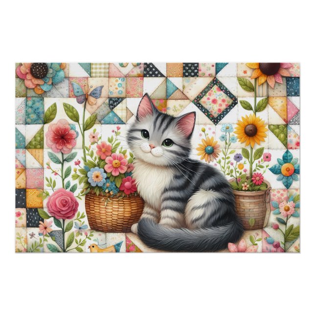 Niedliche Katze im Blumengeflecht Poster (Vorderseite)