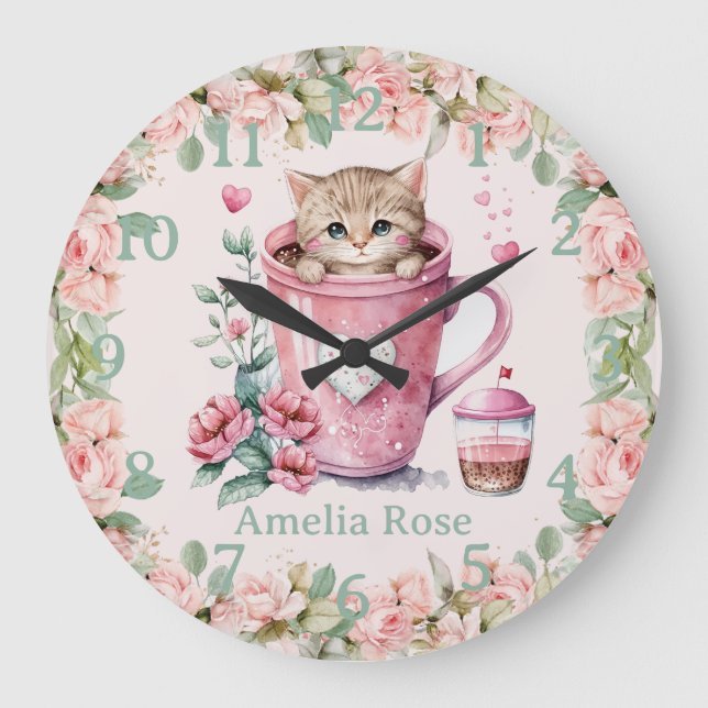 Niedliche Katze im Cup Rosa Rose Blume Große Wanduhr (Vorderseite)
