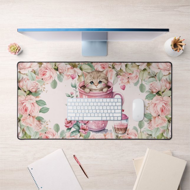 Niedliche Katze im Cup Rosa Rose Blume Schreibtischunterlage (Büro 1)