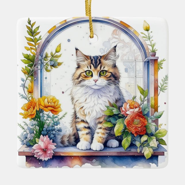 Niedliche Katze im Fenster der Blume Personalisier Keramikornament (Vorderseite)