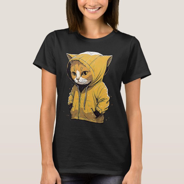Niedliche Katze im Regen Kätzchen mit gelbem Hauta T-Shirt (Vorderseite)