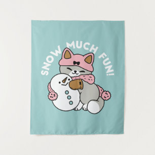 Niedliche Katze im Snow Gear mit Snowman Art Wandteppich
