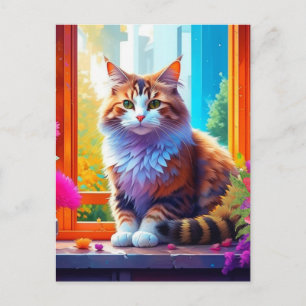 Niedliche Katze im Stadtfenster Kunst Postkarte