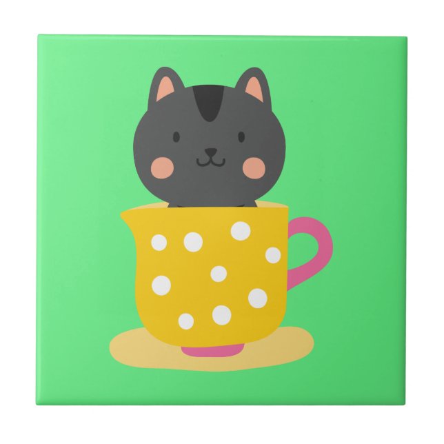 Niedliche Katze im Teacup-Cartoon auf Minze Fliese (Vorderseite)