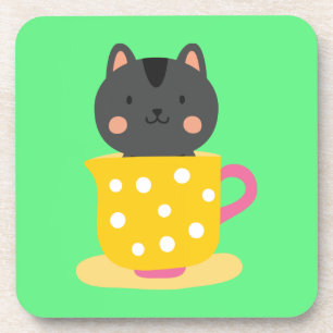 Niedliche Katze im Teacup-Cartoon auf Minze Getränkeuntersetzer