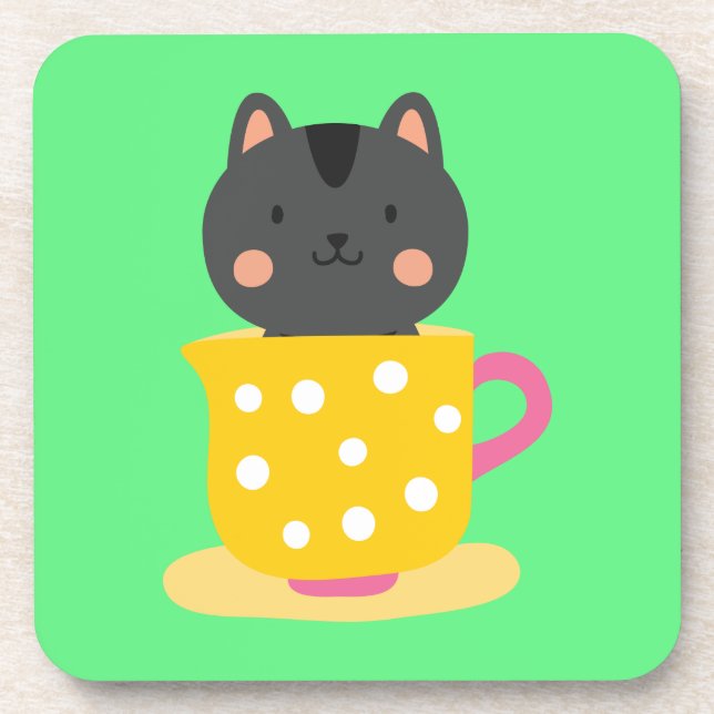 Niedliche Katze im Teacup-Cartoon auf Minze Getränkeuntersetzer (Vorderseite)