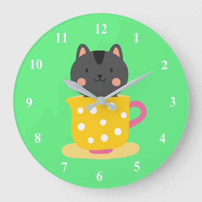 Niedliche Katze im Teacup-Cartoon auf Minze Große Wanduhr (Vorderseite)