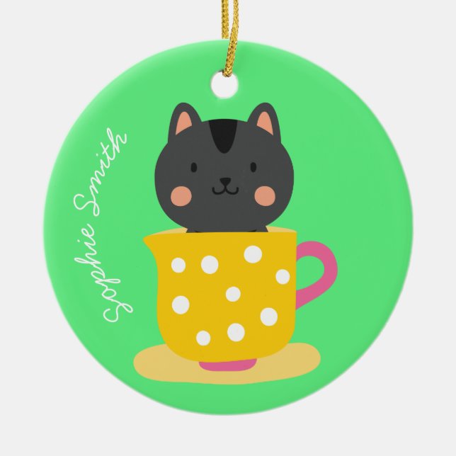 Niedliche Katze im Teacup-Cartoon auf Minze Keramik Ornament (Vorne)