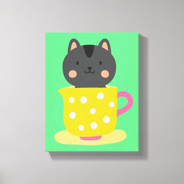 Niedliche Katze im Teacup-Cartoon auf Minze Leinwanddruck (Vorderseite)