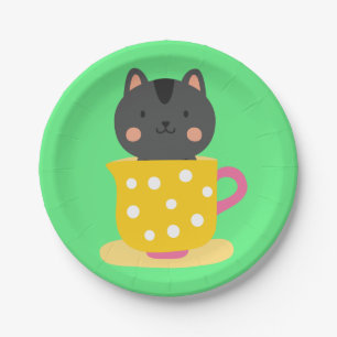 Niedliche Katze im Teacup-Cartoon auf Minze Pappteller