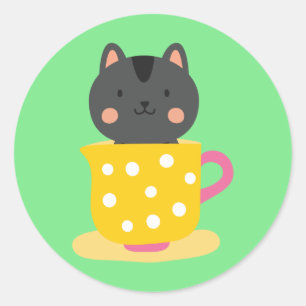 Niedliche Katze im Teacup-Cartoon auf Minze Runder Aufkleber