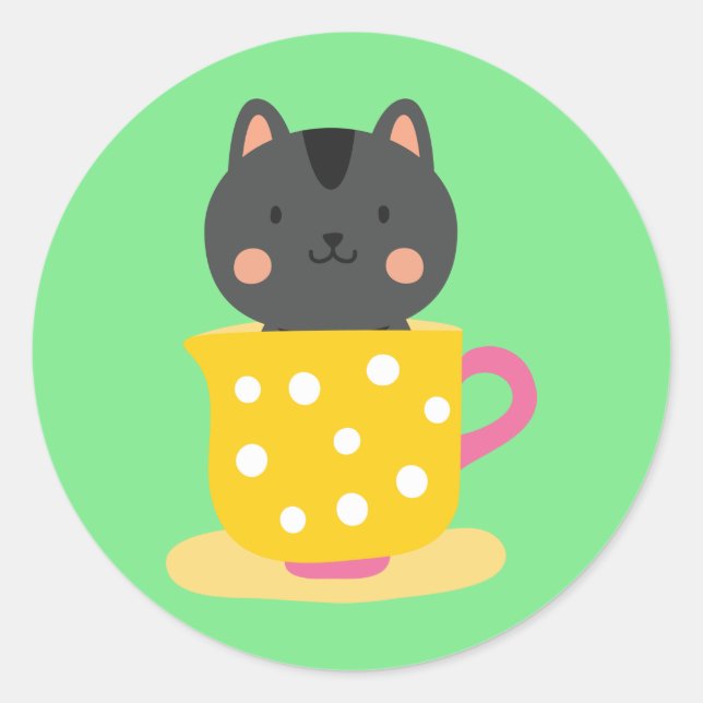 Niedliche Katze im Teacup-Cartoon auf Minze Runder Aufkleber (Vorderseite)