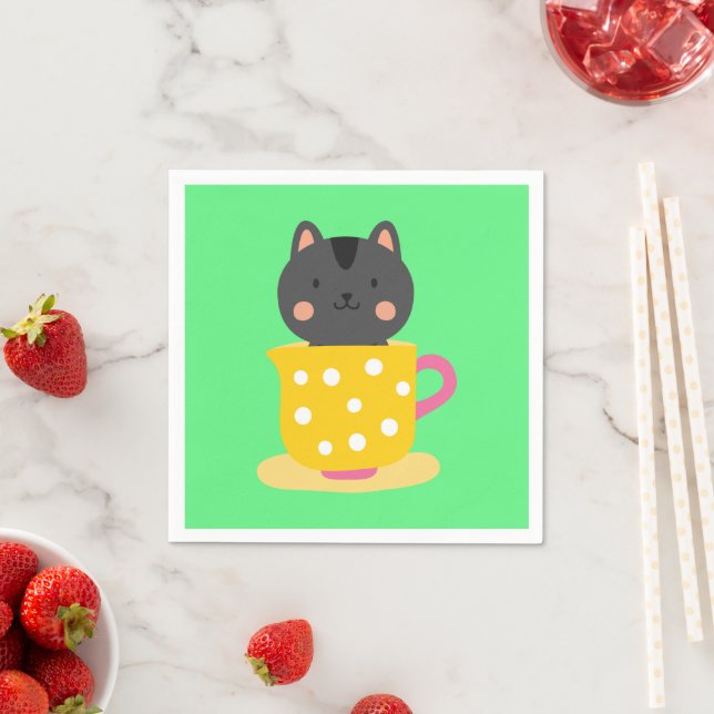 Niedliche Katze im Teacup-Cartoon auf Minze Serviette (Beispiel)