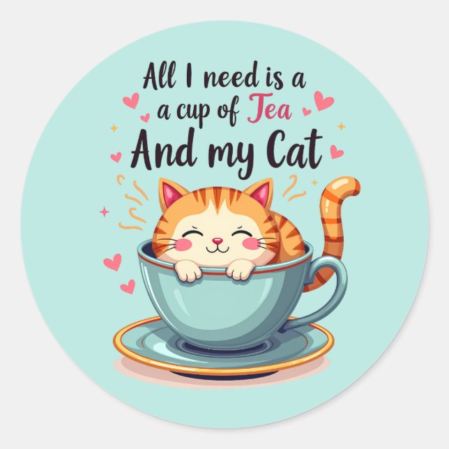 Niedliche Katze im Teacup Kawaii Gemütliche Kunst Runder Aufkleber (Vorderseite)