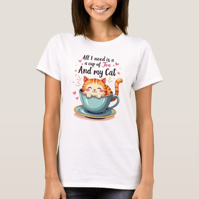 Niedliche Katze im Teacup Kawaii Gemütliche Kunst T-Shirt (Vorderseite)