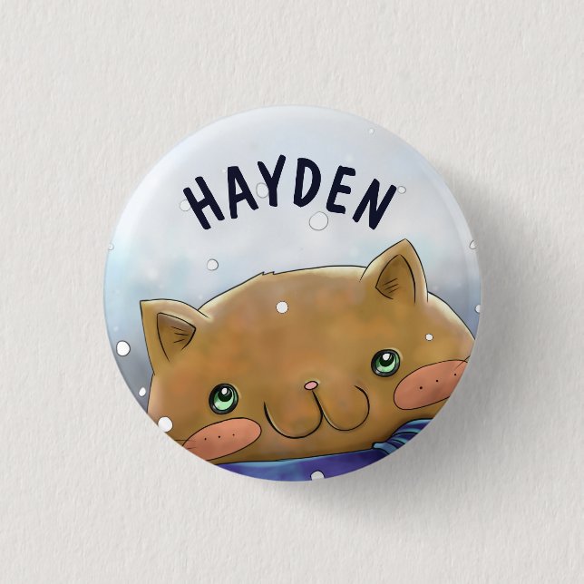 Niedliche Katze im Winter personalisiert Kinder Button (Vorderseite)