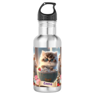 Niedliche Katze in einem Cup Personalisierter Name Edelstahlflasche