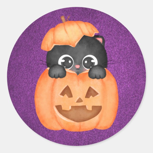 Niedliche Katze In einem Pumpkin Lila Halloween Runder Aufkleber (Vorderseite)