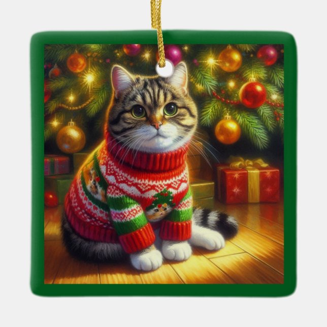 Niedliche Katze in einem Weihnachtskraut Keramikornament (Vorderseite)