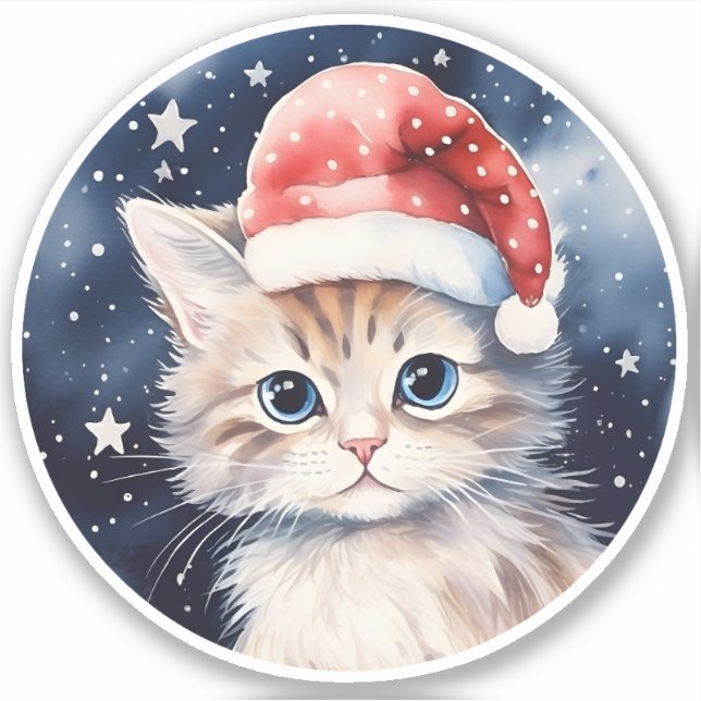Niedliche Katze in Red Polka Dot Weihnachtsmannmüt Aufkleber (Vorderseite)