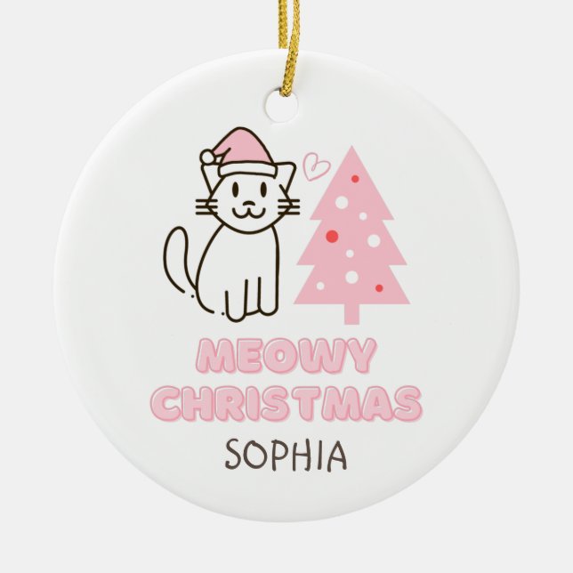 Niedliche Katze in Weihnachtsmannmütze & Baum Meow Keramik Ornament (Vorne)