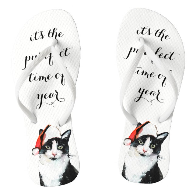 Niedliche Katze in Weihnachtsmannmütze Weihnachten Flip Flops (Fußbett)