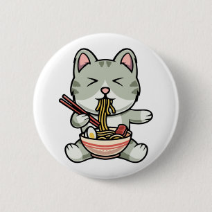 Niedliche Katze isst Soba Nudeln Cartoon Icon Button