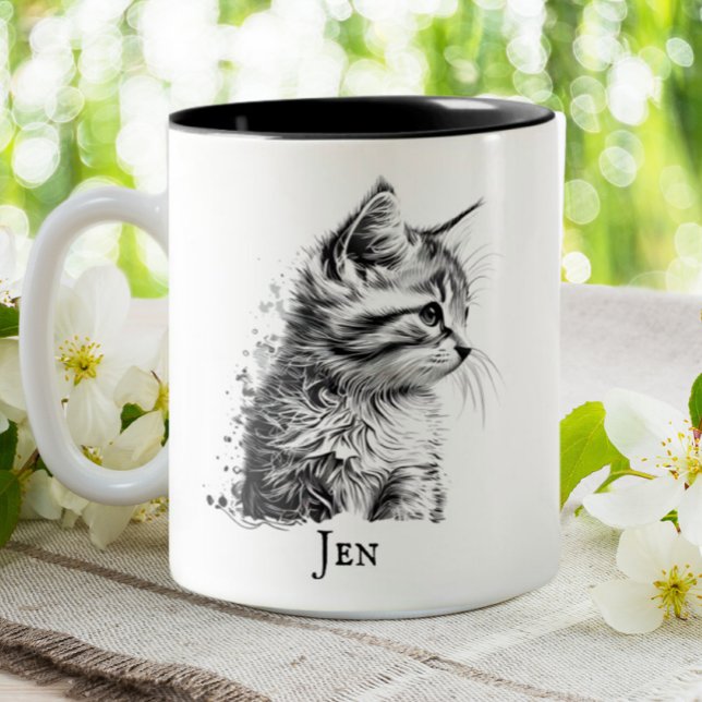 Niedliche Katze Kitten Black & White Sketch Person Zweifarbige Tasse (Von Creator hochgeladen)