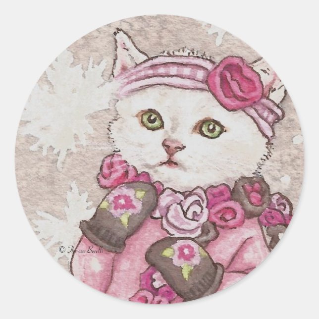 Niedliche Katze Kitten mit Stickereien Runder Aufkleber (Vorderseite)