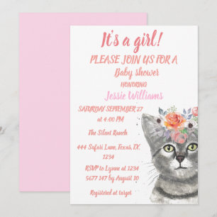 Niedliche Katze Kitty Kitten Pink Floral Baby Girl Einladung