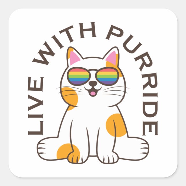 Niedliche Katze live mit Purride-Flag-Brille Quadratischer Aufkleber (Vorderseite)