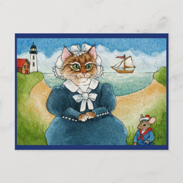 Niedliche Katze, Maus, Leuchtturm, Schiff, Strandp Postkarte (Vorderseite)