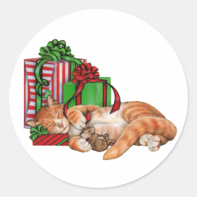 Niedliche Katze, Maus und Weihnachtsgeschenke Runder Aufkleber (Vorderseite)