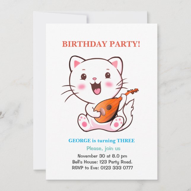 Niedliche Katze & mehrfarbige Balloons Geburtstags Einladung (Vorderseite)
