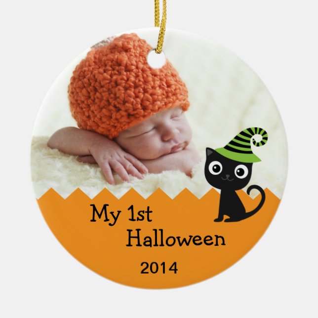 Niedliche Katze meine 1. Halloween-Verzierung Keramik Ornament (Vorne)