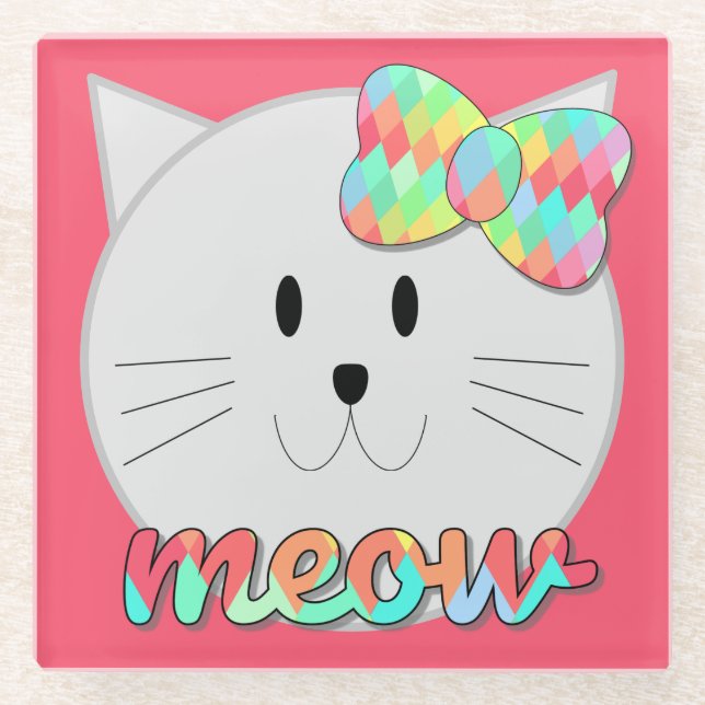 Niedliche Katze Meow Rainbow Bow Pink Glitzer Kind Glasuntersetzer (Vorderseite)