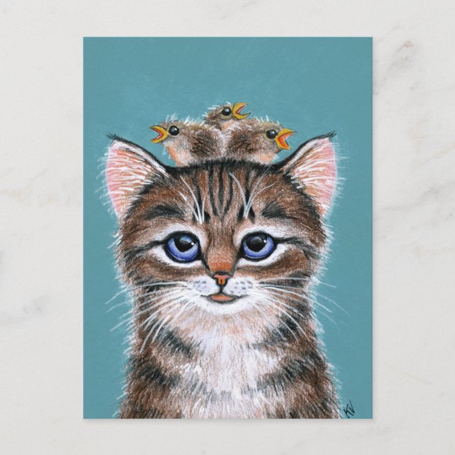 Niedliche Katze mit Baby Birds Frühjahrskarte Postkarte (Vorderseite)