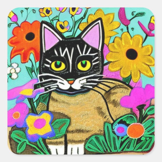 Niedliche Katze mit Blume Folk Kunst Quadratischer Aufkleber (Vorderseite)