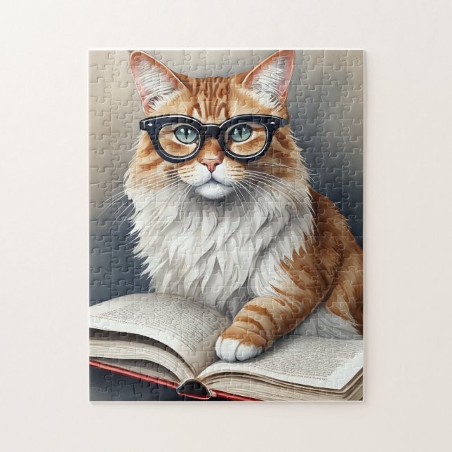 Niedliche Katze mit Brille Lesen eines Buches (Vertikal)